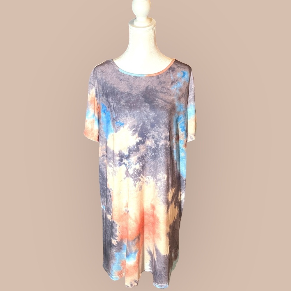 Plus Size Tie Dye Print Tee Dress Above Knee Short Sleeve Crew Neck Dress Womens